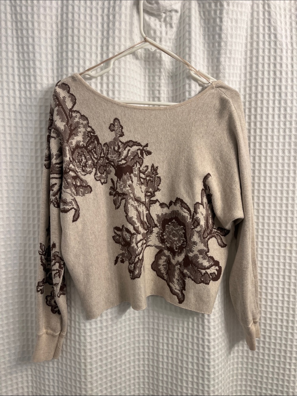Off-the-Shoulder Beige Floral Knit Sweater